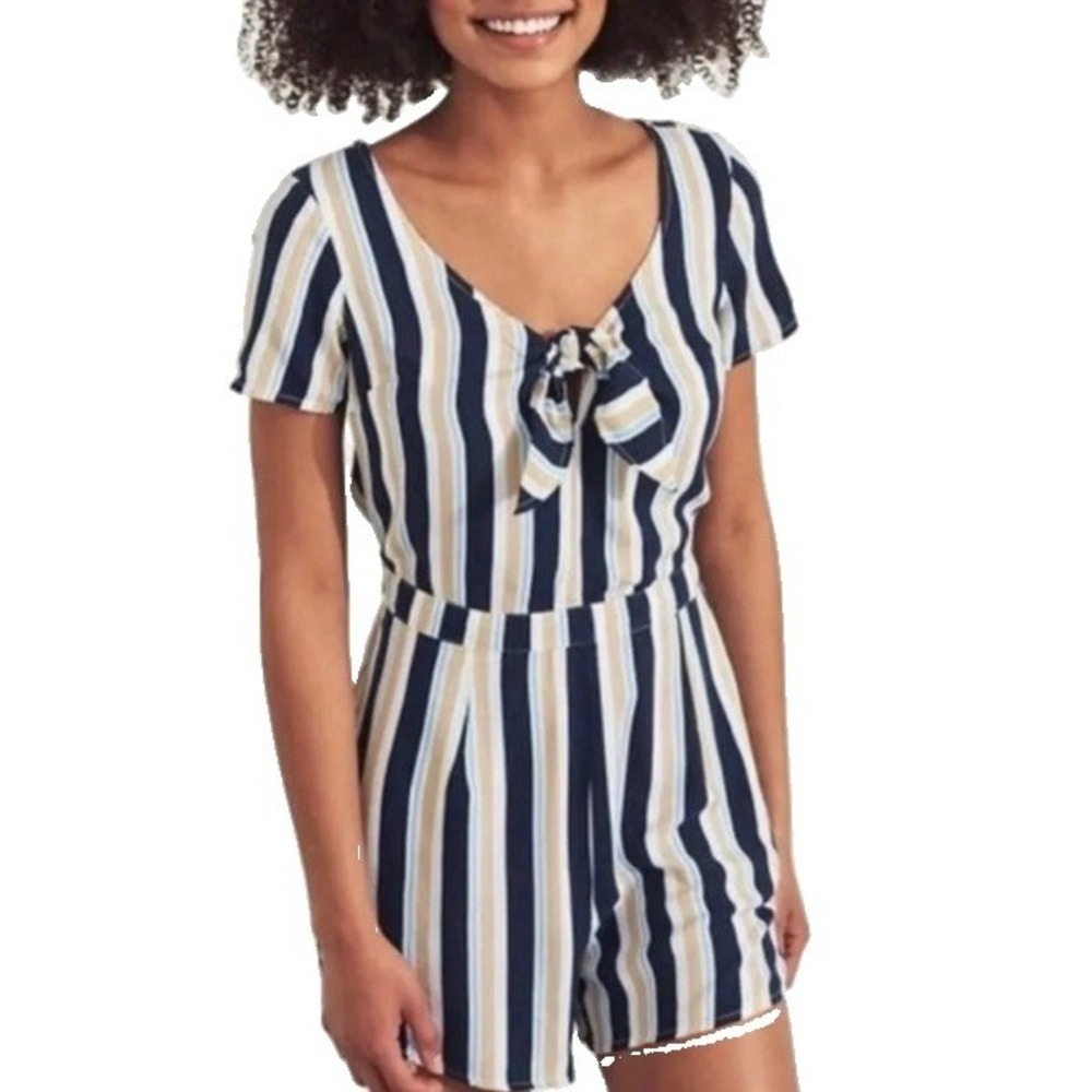 90s Hollister Striped Rompers Juniors Sz M Beige Blue V Neck Pockets Preppy City